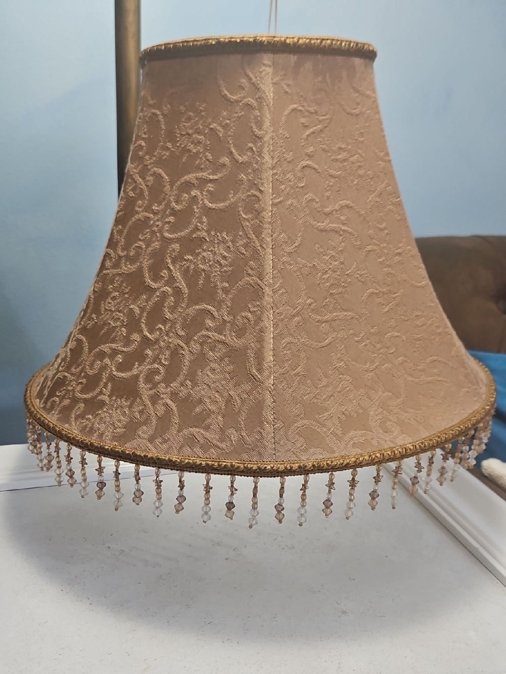 Golden Beige Bell Fabric Lamp Shade with Beaded Trim